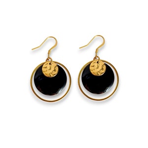 Boucles d'oreilles minimaliste rondes noir et or pour femme, bijoux noir boho chic, élégant, cadeau femme, cadeau pour elle, fait main image 4