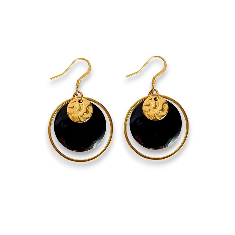 Boucles d'oreilles minimaliste rondes noir et or pour femme, bijoux noir boho chic, élégant, cadeau femme, cadeau pour elle, fait main image 4