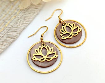 Boucles d'oreilles Fleur de Lotus et nacre beige pour femme