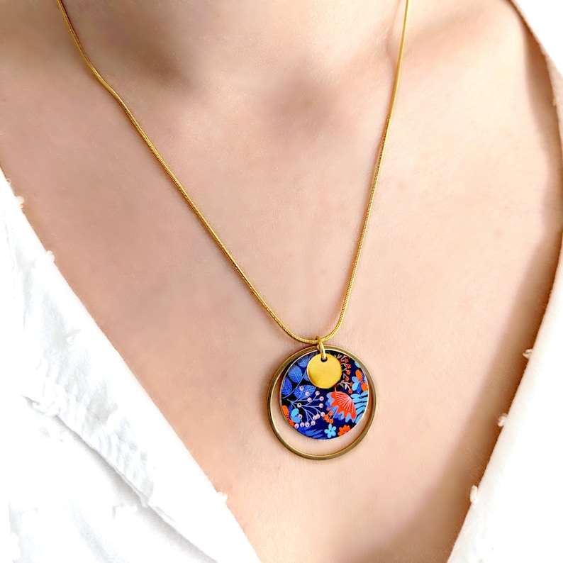 Gold necklace with boho pendant, colorful blue red orange jewelry for women, boho chic jewelry, gift for mom, gift for her image 1