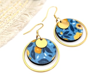 Boucles d'oreilles en bois et tissu Liberty boho chic or pour femme