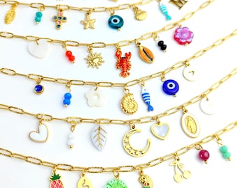 Personalized Charm Necklace, Gold Stainless Steel Pendants, Chunky Chain, Charm Jewelry for Women