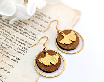 Boucles d'oreilles feuilles pour femme, en bois et acier inoxydable chirurgical doré