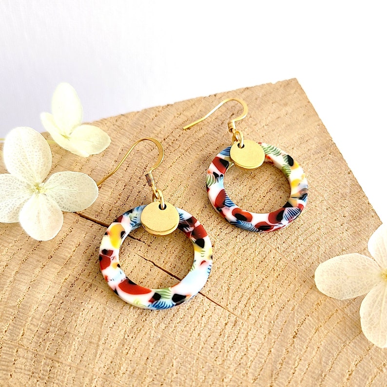 Multicolored acetate resin earrings, gift for women, mom, colorful minimalist jewelry, gift for her, handmade costume jewelry image 1