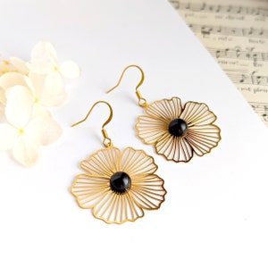 Boucles d'oreilles ultra légères fleurs, acier inoxydable chirurgical, bijoux pierre naturelle d'onyx noir pour femme, bijoux fantaisie chic image 4