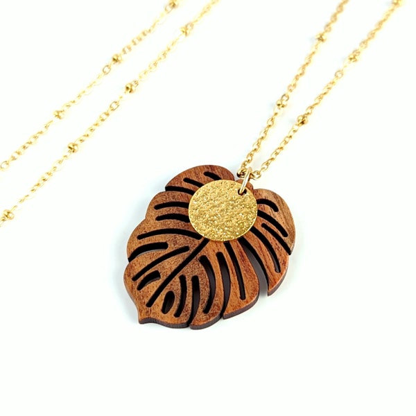 Sautoir pendentif feuille en bois, collier long Monstera en bois et chaîne acier inoxydable doré pour femme, cadeau pour elle, cadeau maman