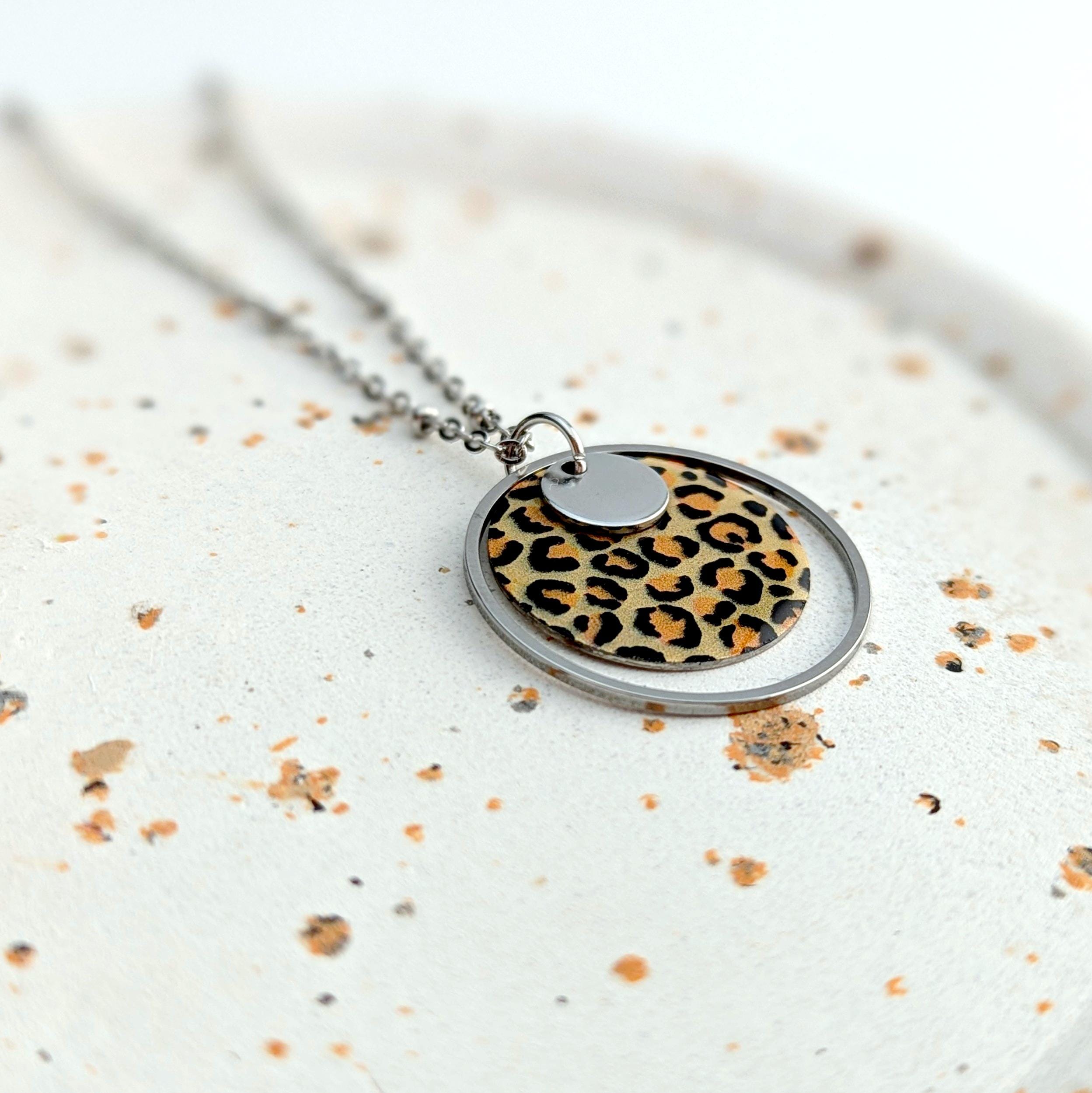 Leopard Print Pendant Necklace for Women - Resin and Stainless