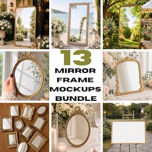 May include: A digital collection of 13 mirror frame mockups featuring various ornate gold and rustic wooden designs. The set includes oval, rectangular, and arched frames displayed in diverse settings like gardens, beaches, and indoor tabletops.