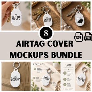 May include: A digital bundle of 8 AirTag cover mockups featuring a white oval-shaped protective case with a metal split ring. The case displays the text CANDID MOCKS with a camera icon. Includes JPG and PSD file formats for design display.