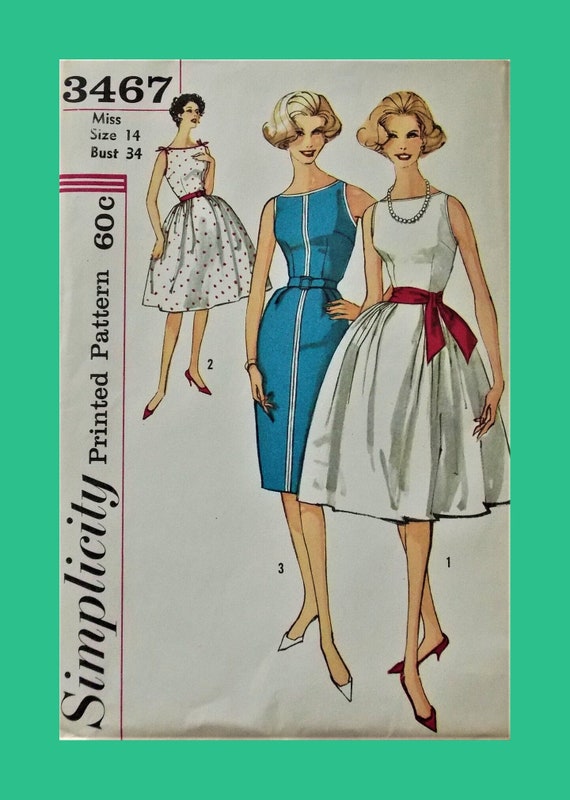 short and 34 length sleeves Size 18 12 Bust 39 Simplicity Pattern 6057 1960/'s One-Piece Dress sized petite women slim gathered skirt
