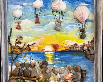 BALLOON FESTIVAL Pebble Art (38) Stone Picture, mixed media, painted 3D picture, framed, 8"x 10", Gift