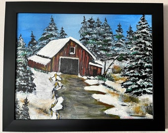 BARN AND SNOW (152) original acrylic painting on the canvas panel, 11"x14"