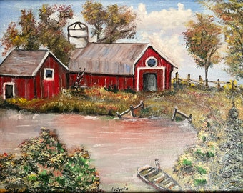 RED BARNS (155) original oil painting on the canvas panel, 11"x14"