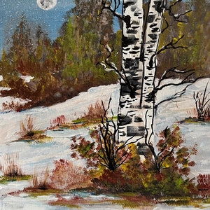 May include: A painting of two birch trees in a snowy forest under a full moon. The trees are white with black markings and have bare branches. The snow is white with some brown and green brushstrokes. The moon is a bright white circle in the blue sky. The painting is signed "ludynia 2021" in the bottom right corner.