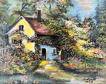 SUMMER COTTAGE (200) original acrylic painting on the canvas panel 11"x8", framed