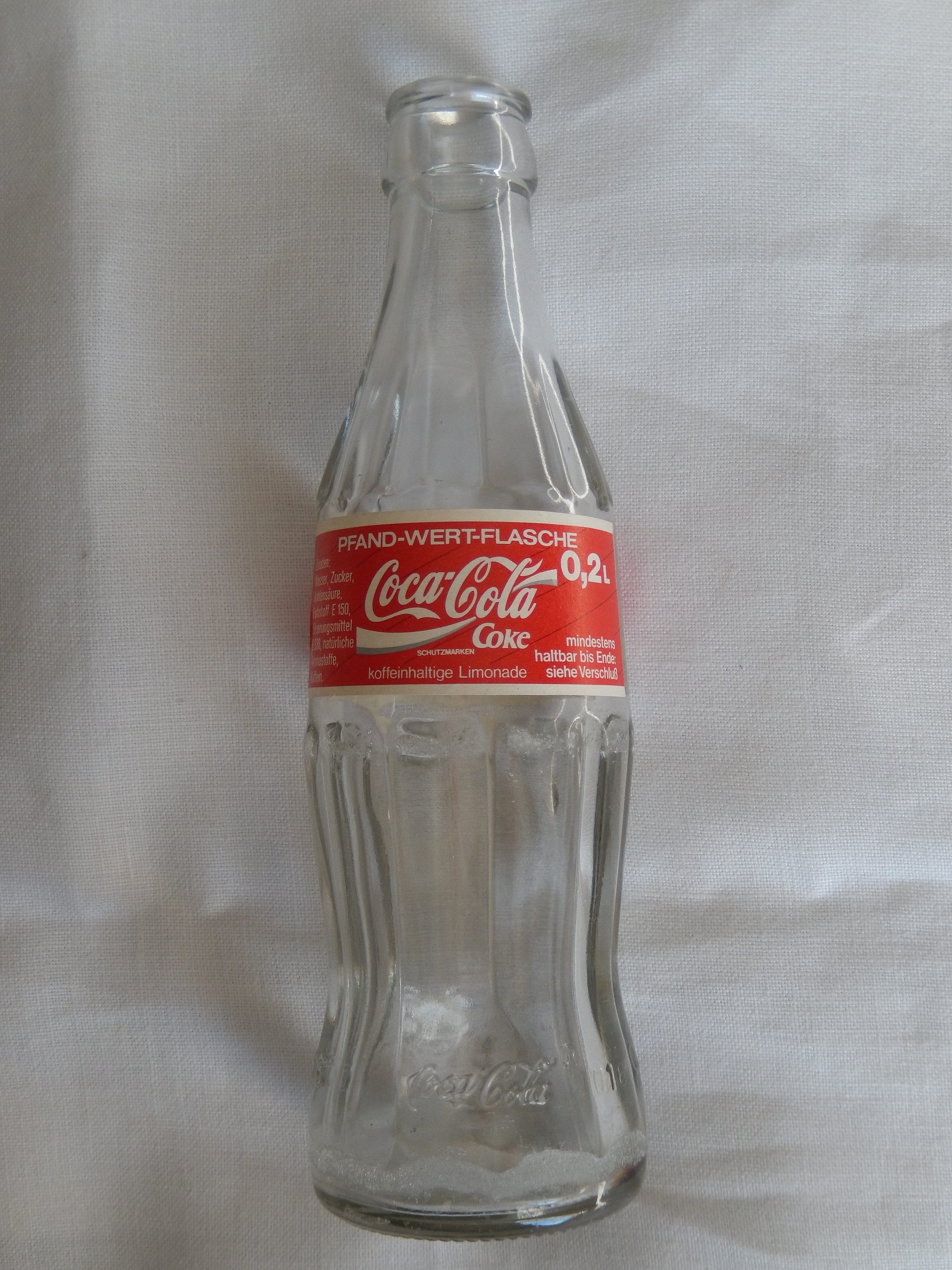 2 Coca-Cola glass TEST bottles DEKO GLASS silvered,Germany/plastic foil  label UK