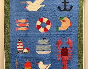 Handmade Fishing Quilt: Beach Lake Cabin Throw Blanket