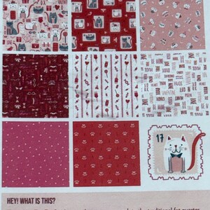May include: A collection of fabric patterns titled LOVE CATS BY ZIRKUS DESIGN SKU: 120FQLC. The sheet features nine distinct designs including cats, hearts, candy, stripes, and text like BE MINE and XOXO in shades of red, pink, and white.