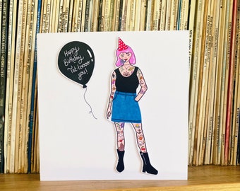 Joyeux anniversaire tatouage, carte d'anniversaire tatouage, carte pour artistes tatoueurs, filles avec des tatouages, alternative, unique, carte d'anniversaire originale, Royaume-Uni
