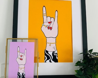 Rock & Roll Tattooed Hand Wall Art Print, Rock On Hand Gesture Print, Rock Poster, Tattooed Print, Fun Colourful Wall Art, Home Living Decor