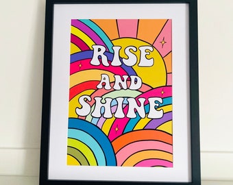 Rise & Shine Boho, Retro Art Print, Bright, Colourful Quote Print, 1970s Typography Wall Art, Kitchen, Nursery, Vintage Style, Illustration