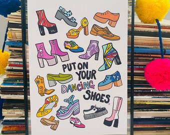 Put On Your Dancing Shoes Retro Vintage Fashion Illustration, Bright Groovy Art Print, Disco, Colourful, Bold, Funky, 70's Gallery Wall Art,
