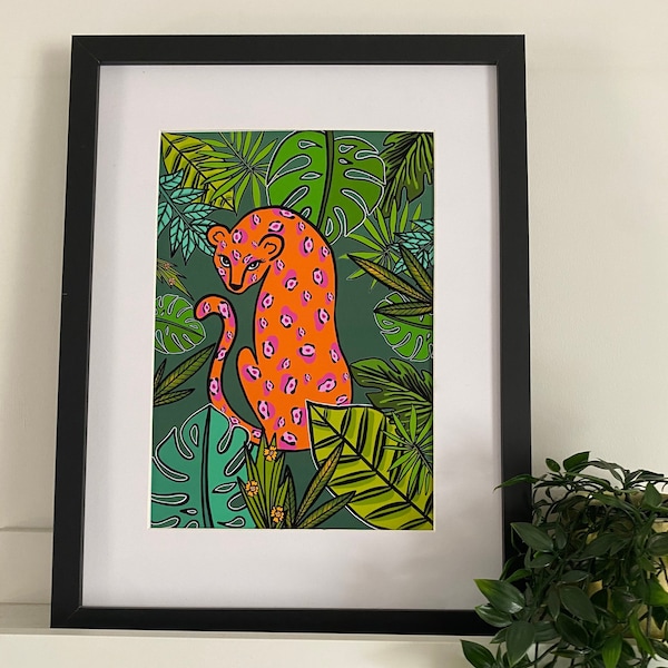 Colourful Botanical Jungle Cat Art Print, Tropical Leopard Print, Funky Cheetah Art, Vintage Retro Gallery Wall, Jungle Plants Art Print,