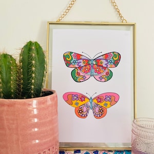 Retro Butterfly Wall Art Print, Vintage Wall Art, Bold, Bright, Butterflies, Colourful Gallery Wall Art, Flower Power, Retro Home Decor,