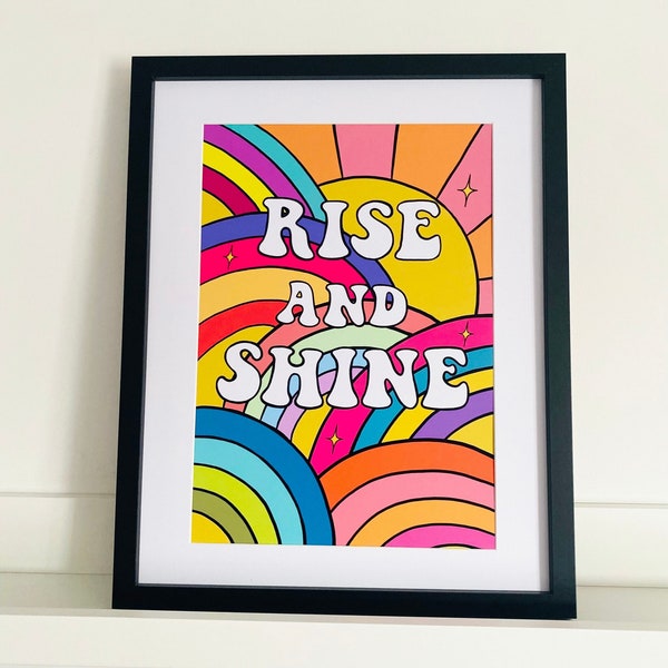 Rise & Shine Boho, Impression d’art rétro, Impression de citations lumineuses et colorées, Typographie des années 1970 Art mural, Cuisine, Pépinière, Style vintage, Illustration