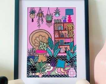 Impresión de arte botánico ecléctico retro para interiores de casas, arte mural con plantas de interior, hogar bohemio, galería maximalista, hogar retro, estilo retro de mediados de siglo de los años 70