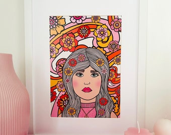 Retro Flower Power Girl Art Print, Boho, Hippie, Colourful, Groovy, Funky, 1960's, 1970's, Bold, Bright, Femme, Vintage Style Wall Art Decor