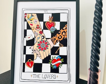 Lámina artística de la carta del Tarot de los Enamorados, láminas de tarot, boda, compromiso, regalo de aniversario, pareja alternativa, regalos de pareja con tatuajes, láminas de tatuajes