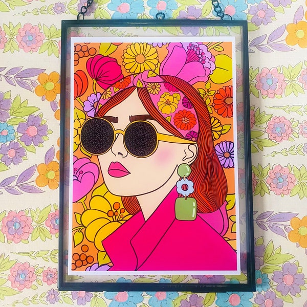 Retro Florals Fashion Girl, Retro Style, Bright, Bold, Fashion Illustration, Colourful Wall Art, Colourful Gallery Wall, Graphic Pop Art,