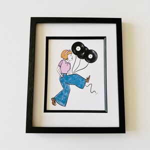 May include: A framed illustration of a woman wearing blue jeans and a pink shirt, holding three black vinyl records as balloons.