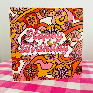 Carte d'anniversaire de style rétro génial des années 60, carte d'anniversaire fleur rose, carte de luxe, carte de voeux design vintage, carte pour elle, maman, grand-mère, femme image 6