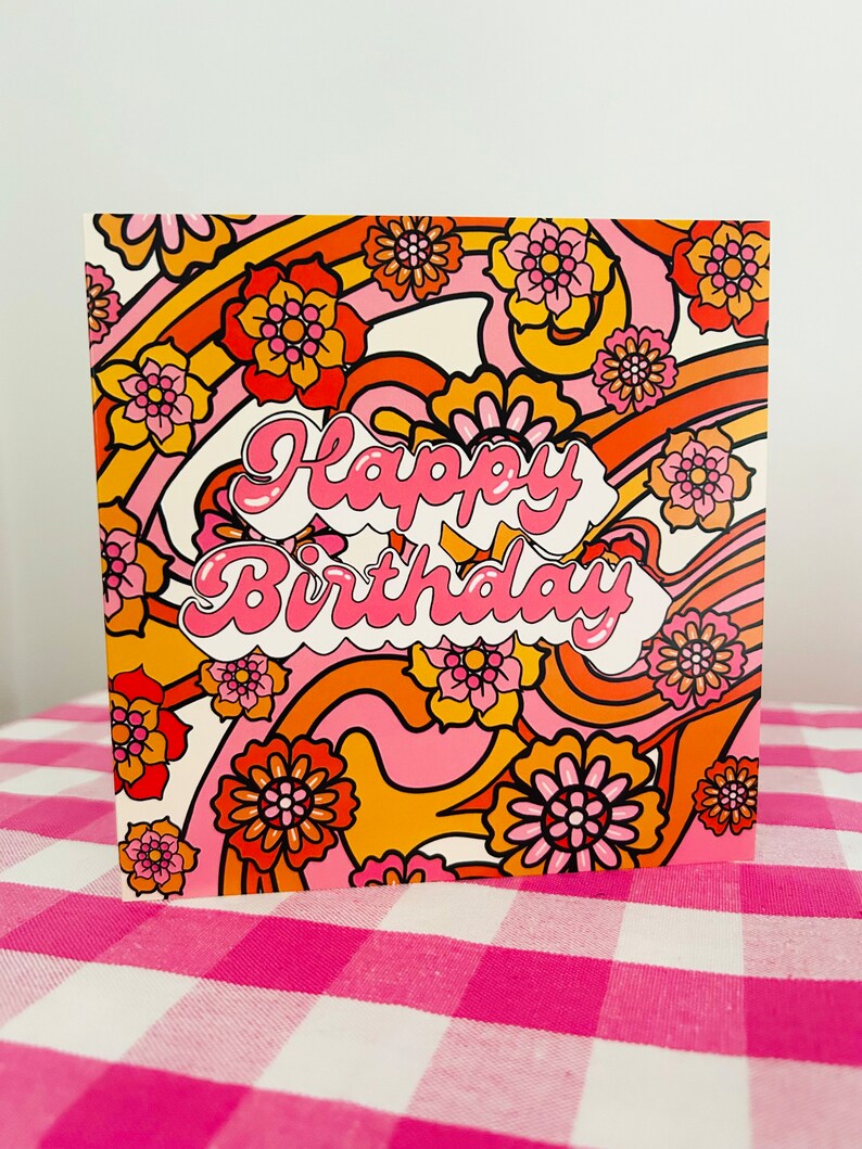 Carte d'anniversaire de style rétro génial des années 60, carte d'anniversaire fleur rose, carte de luxe, carte de voeux design vintage, carte pour elle, maman, grand-mère, femme image 6