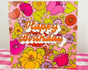 Carte d'anniversaire florale rétro pour elle, carte d'anniversaire funky colorée, amusante, mignonne, jolie carte, anniversaire pour amie, maman, grand-mère, sœur, tante