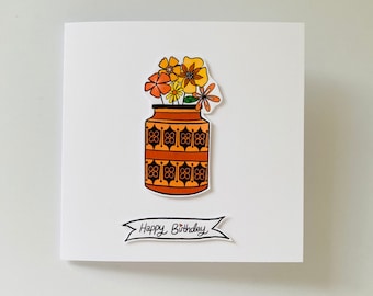 Carte de fleurs rétro, carte d'anniversaire groovy, carte faite à la main, carte d'anniversaire de style vintage, carte pour elle, carte de joyeux anniversaire, carte d'anniversaire mignonne,