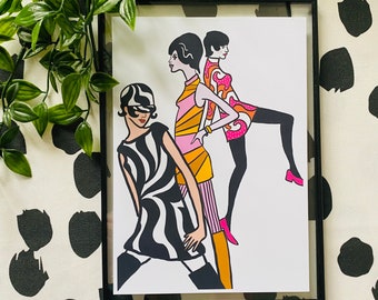 Retro Fashion Girls Illustration, Retro Wall Art, 1960s 1970s Inspired, Groovy, Vintage Decor, Groovy Bright Art, Colourful, Retro Abstract