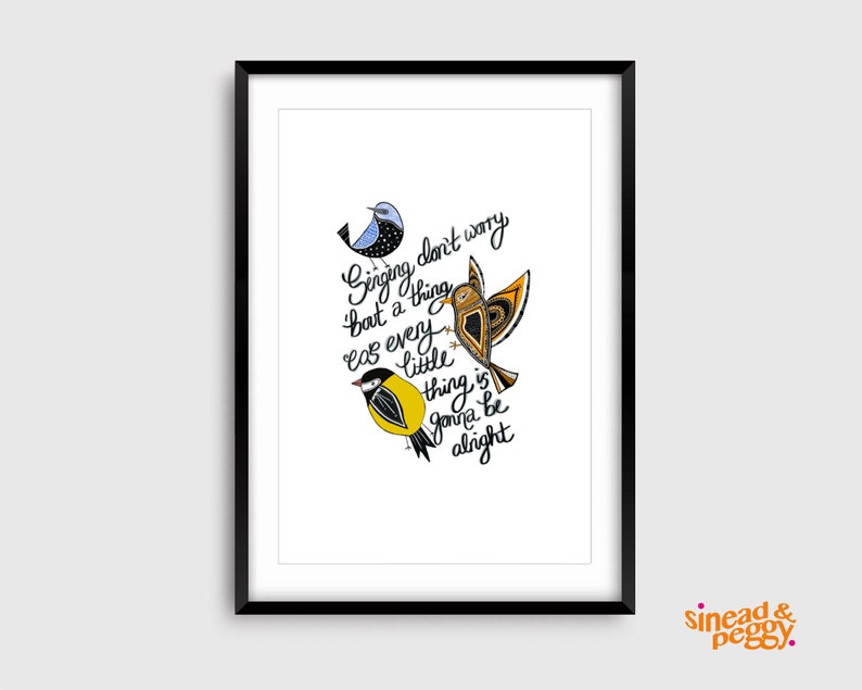 Three Little Birds Bob Marley Lyrics Print Inspirational Art Print Bob Marley & The Wailers Art Birds Illustration A4, A5 image 1