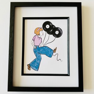May include: A framed illustration of a person wearing blue jeans and a pink shirt, holding two black vinyl records as balloons. The person is walking and smiling.