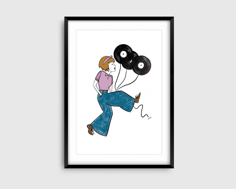 May include: A cartoon illustration of a person wearing blue jeans and a pink shirt holding three black vinyl records as balloons.