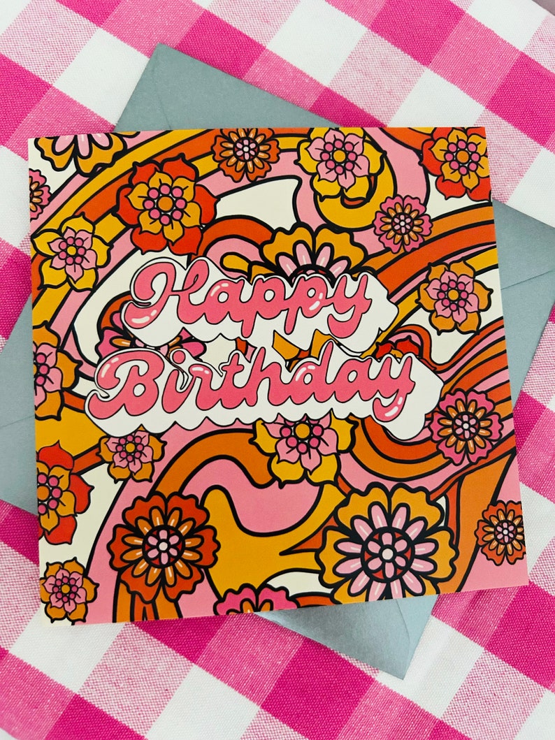 Carte d'anniversaire de style rétro génial des années 60, carte d'anniversaire fleur rose, carte de luxe, carte de voeux design vintage, carte pour elle, maman, grand-mère, femme image 4