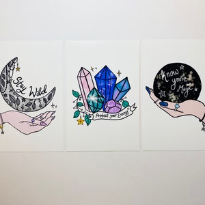 Stay Wild Moon Child Manifestation Magic, conjunto de impressão de cartão postal para amantes de cristal, afirmações, impressões de arte A6, impressão de arte motivacional, cristais,