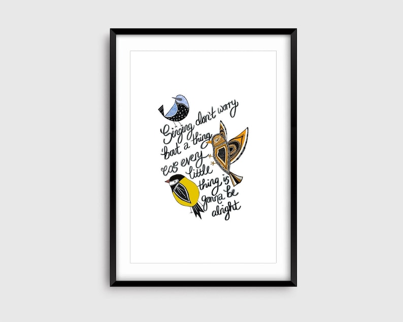 Three Little Birds Bob Marley Lyrics Print Inspirational Art Print Bob Marley & The Wailers Art Birds Illustration A4, A5 image 2