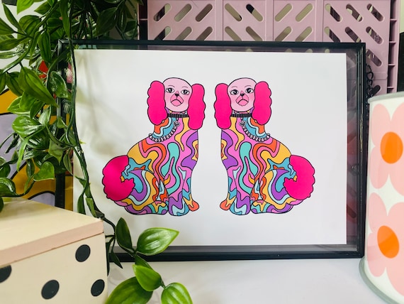 Retro Vintage Staffordshire Dogs Print, Retro Aesthetic Wall Art Poster, Maximalist Art, Retro Home, Kitsch Home Decor, Colourful Art Prints