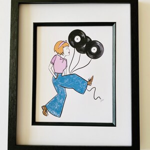 May include: A cartoon illustration of a woman wearing a pink shirt, blue jeans, and a pink bow in her hair. She is holding three black vinyl records as balloons. The woman is walking and smiling.