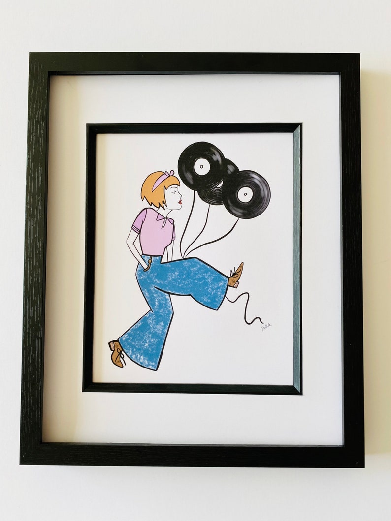 May include: A cartoon illustration of a woman wearing a pink shirt, blue jeans, and a pink bow in her hair. She is holding three black vinyl records as balloons. The woman is walking and smiling.