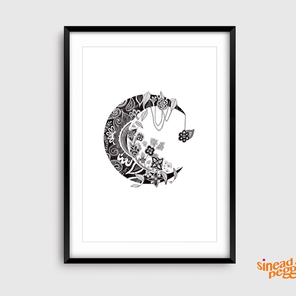 Paisley Moon Print | Decorative Moon Print | Lunar Art Print | Boho Home Decor | Black & White Print | Monochrome | Wall Art | A4, A5