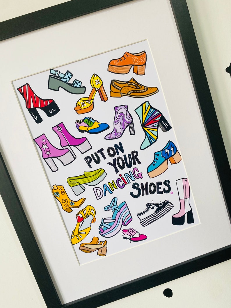 May include: A colorful illustration of various shoes with the text "Put on your dancing shoes".